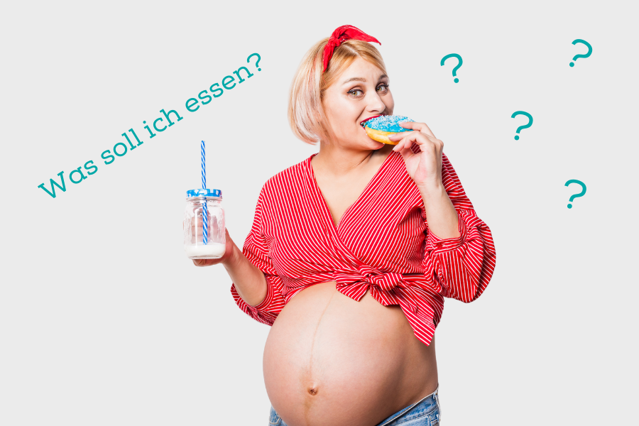 Schwangere Frau isst einen Donut und trinkt Milch